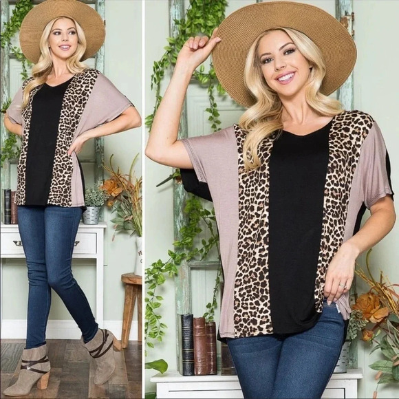 Leopard Color Block Top | Boho Animal Print V-Neck Soft Blouse - Picture 2 of 9
